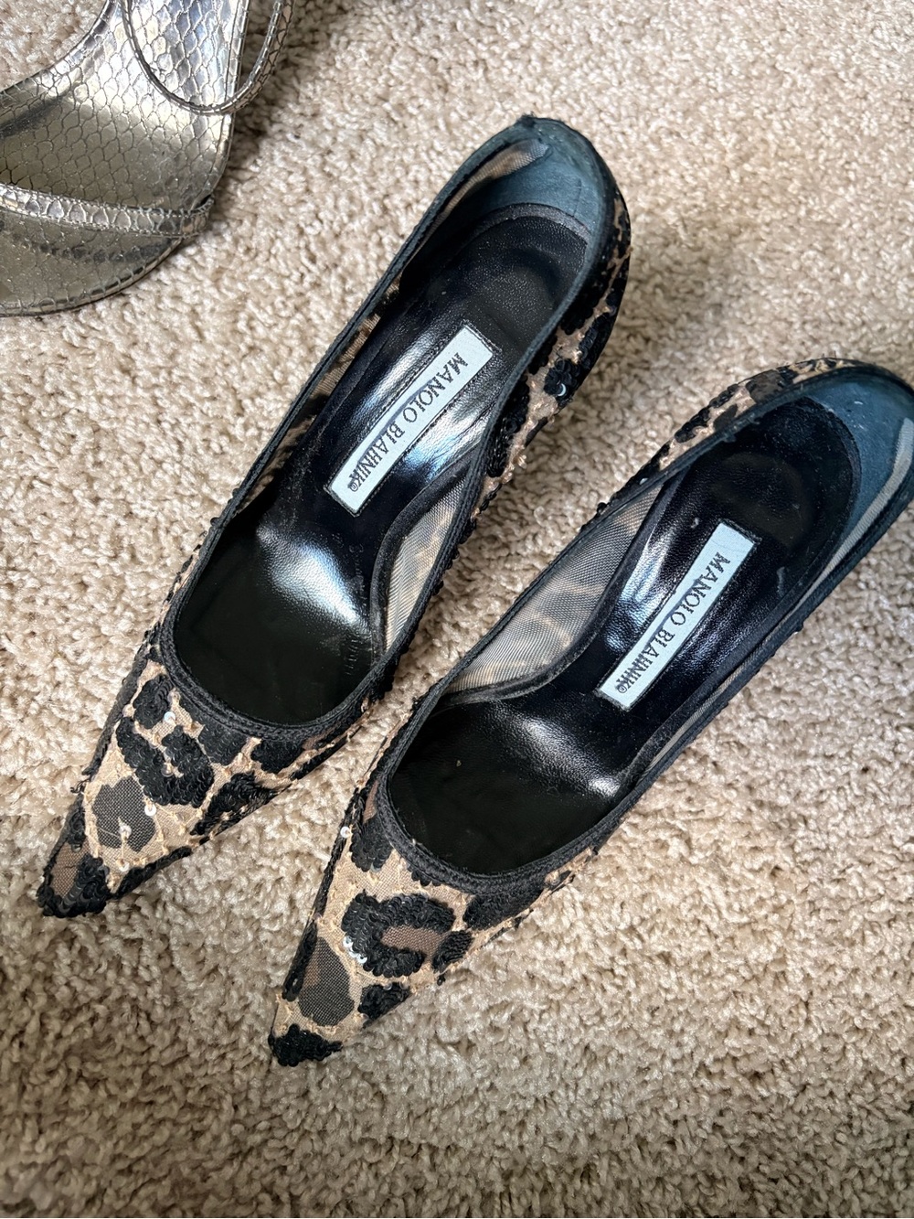 Manolo Blahnik Leopard-Print Pointed Pumps in Black & Tan
